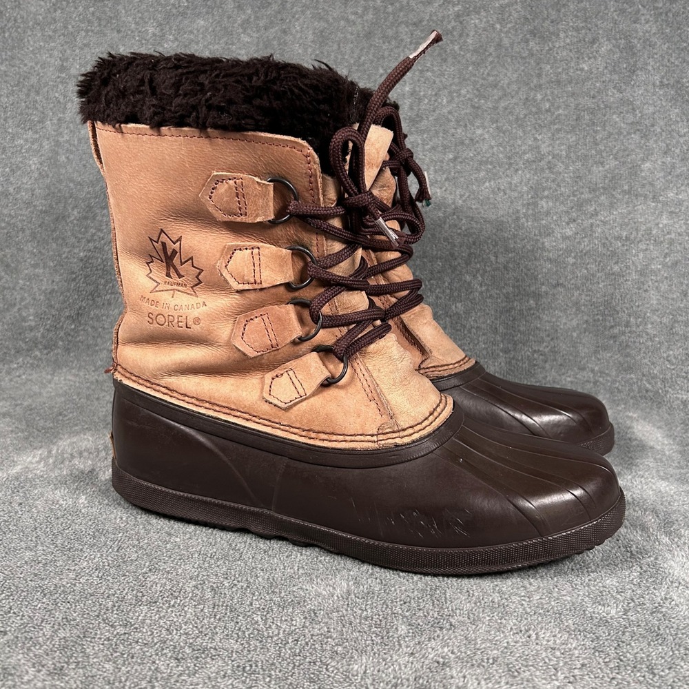 VTG Sorel Boots Winter Snow Brown Tan Fur Lined Women 8 Made in Canada